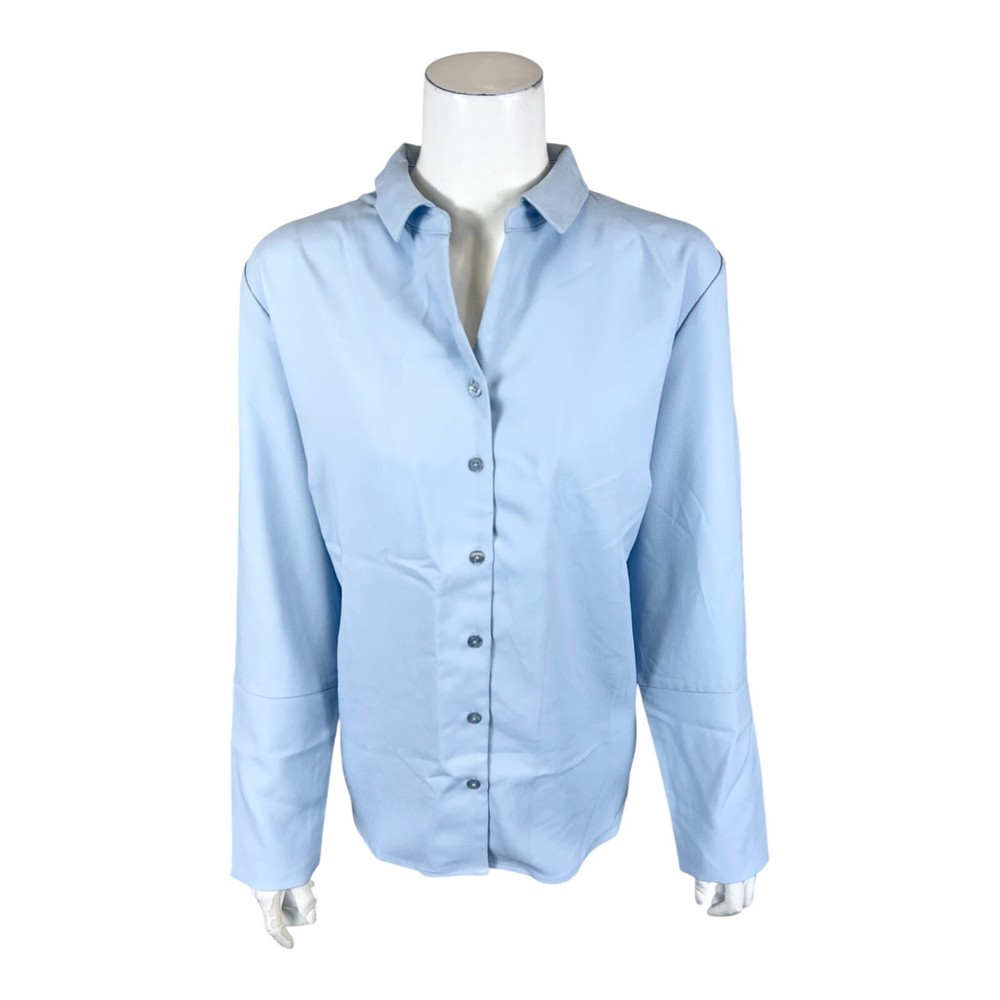Elizabeth & Clarke Woven Button-Front Collared Top with StainTech Blue Size 16